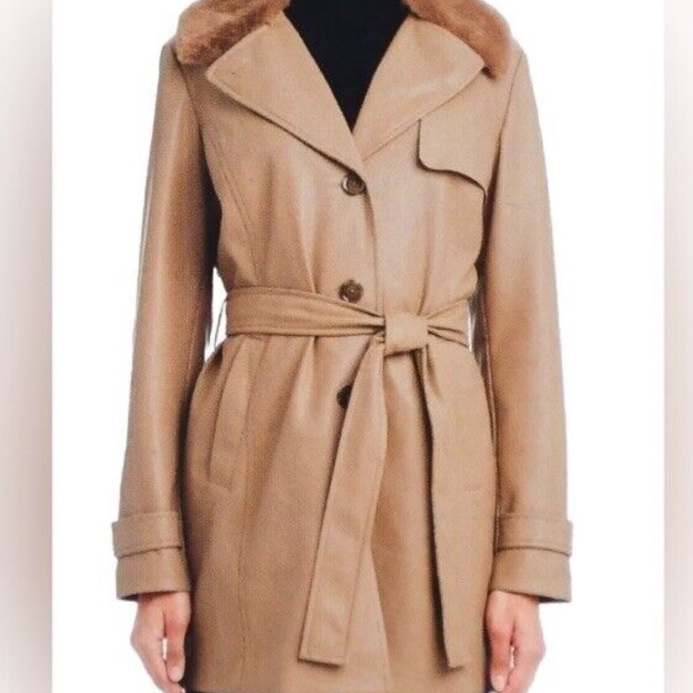 Vince Camuto mid-length faux leather coat with faux fur detachable collar in TAN